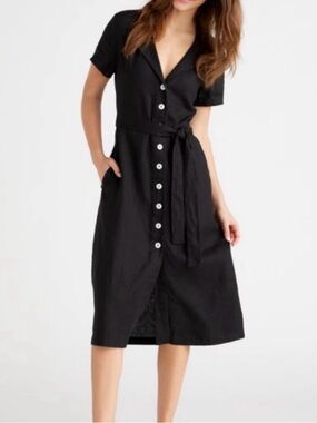 Quince Short Sleeve Black Linen Belted Midi Shirt Dress SIZE XS